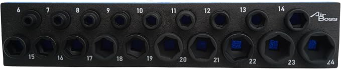 AIRBOSS SK-0015-S 3/8 Inch Drive Nano Stubby Impact Socket Set, 19-Piece Metric 6-24mm, 17mm Outside Hex, 0.88 Inch Low Profile, CR-MO Steel with Black Phosphate Finish