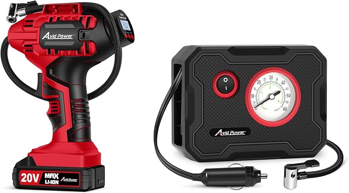 AVID POWER 20V Cordless Tire Inflator Portable Air Compressor bundle with 12V Portable Car Tire Pump