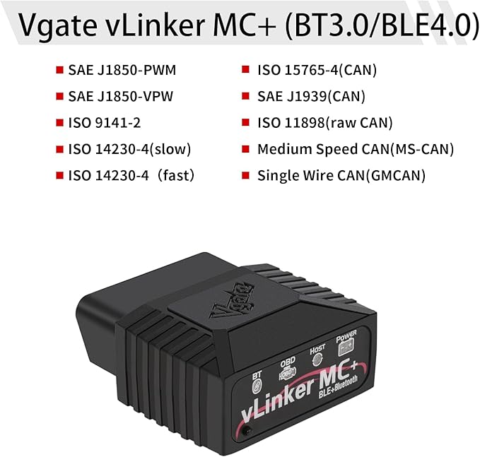 Vgate vLinker MC+ (BT3.0/BLE4.0) OBD2 Scanner Code Reader Diagnostic Scan Tool for Android & iOS & Windows, Black
