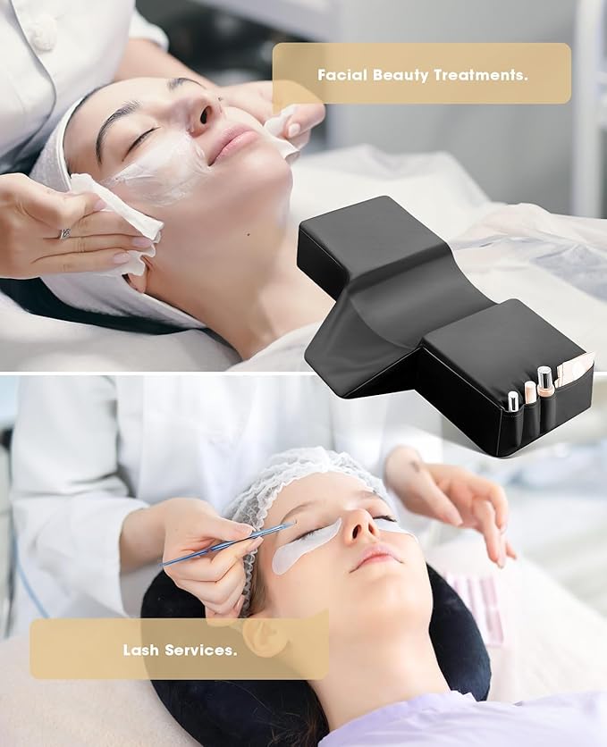 Onism Lash Pillow for Eyelash Extensions, 23'' Extra Wide Waterproof PU Leather Memory Foam Neck Support, Ergonomic Salon Grafting Headrest with Side Organizers, Black