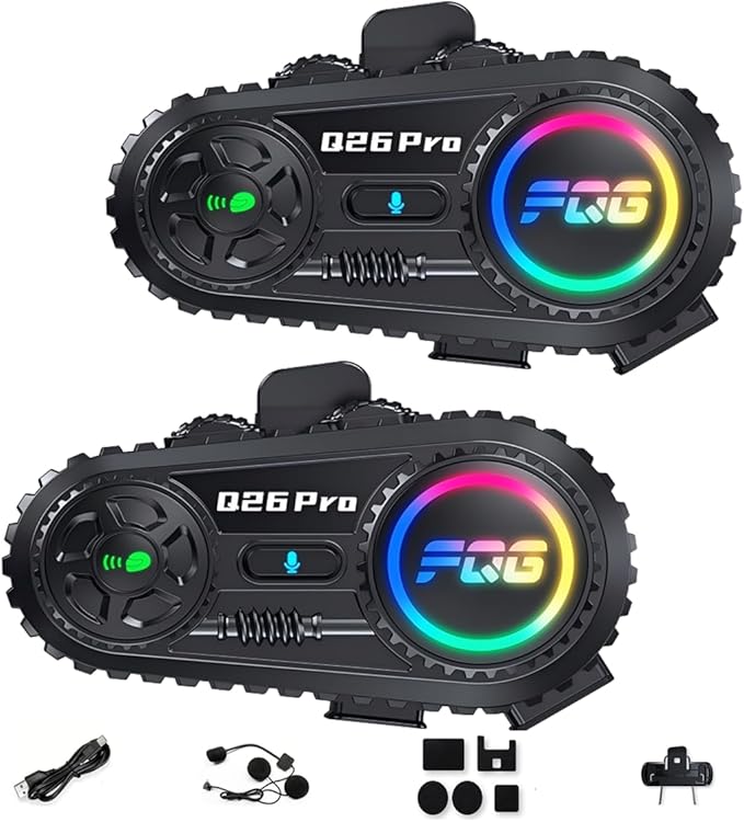 2 Pack Motorcycle Helmet Headset Bluetooth Intercom 2-Way Communication System, 1600FT Range, 18Hrs Talk Time, IP56 Waterproof, AI Voice Assistant, Detachable Design for Motorcycle Ski Snowmobile