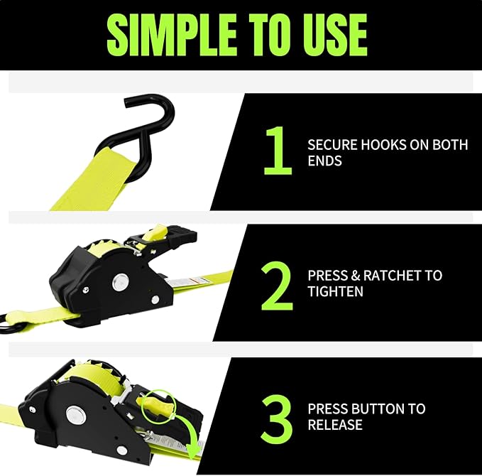 Retractable Ratchet Straps, 4-Pack, 1 Inch x 12 Feet, 1,760lb Break Strength, Self Retracting Tie Down for Truck, Cargo Trailer, Motorcycle, ATV, UTV (Yellow, 4pack)