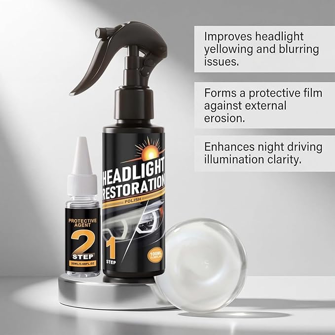 Anti-Yellowing and Oxidation Headlight Restoration Kit, Automotive Headlamp Restoration Fluid Kit, No Power Tools Needed Spray & Wipe, Long-Lasting Protection for 2-3 Vehicles (2 Set)