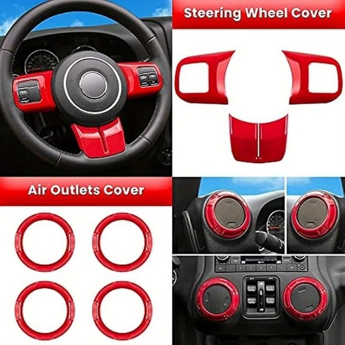 18 PCS Full Set Interior Decoration Trim Kit Steering Wheel Center Console Door Handle Air Conditioning Vent Cup Holder Gear Cover Trim for Jeep for Wrangler JK JKU 2011-2018 4-Door (Red)