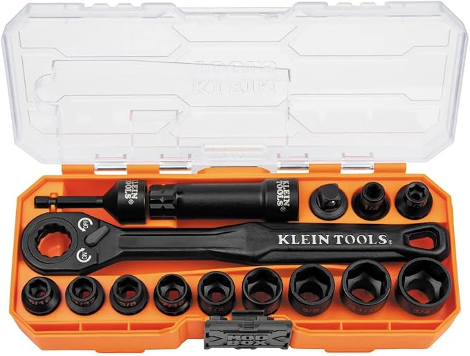 Klein Tools 65400 15-Piece Impact Socket Set with 33801 40-Piece Impact Driver Bit Set, Sockets, Bits, Accessories and Case