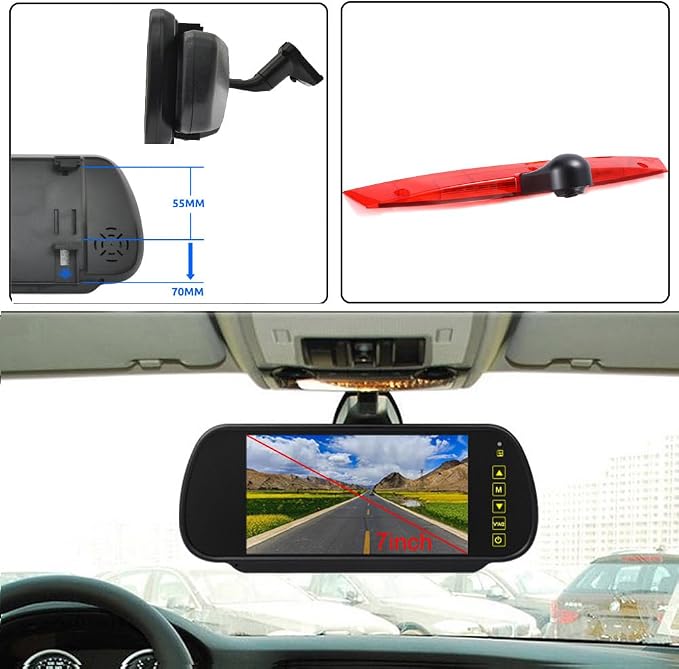 18mm HD Car Third Roof Top Mount Brake Light Rear View Camera Parking Safety Assistant, for Ford Transit Connect 2014-2017 Stop lamp Transporter Business MPV SUV Bus (with 7-inch Rearview Mirror)