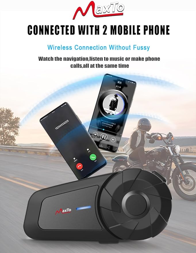 MAXTO Motorcycle Bluetooth Headset, MX1 2-Riders 800M Universal Intercom Communication Systems, HiFi Stereo Sound/IPX6 Waterproof, Motorcycle Helmet Speaker-Intercom-Headset 2 Pack
