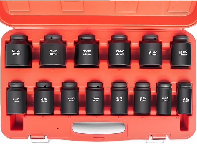 TONYNOL 1/2 Inch Drive Deep Impact Socket Set,6-Point, Metric Sizes(25-50mm),14 PCS,Cr-Mo Steel,Heavy Duty Impact Sockets for Automotive & Industrial Machinery,With a Storage Case