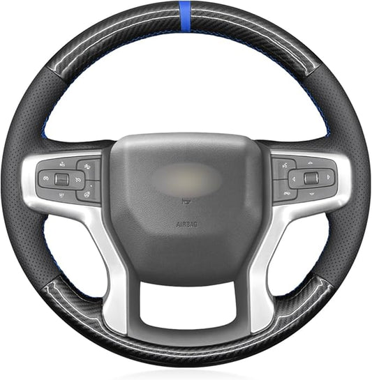MEWANT DIY PU Carbon Fiber Black Artificial Leather Steering Wheel Wrap for Chevy Blazer Silverado 1500 2500 Suburban