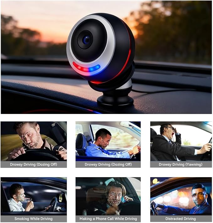 DMS Driver Monitoring System AI Fatigue Warning Device with Face Recognition Alerts for Eye Closing Yawning Smoking Phone Use & Distraction Works for All Vehicles
