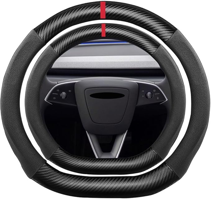 D Shape Suede Carbon Fiber Steering Wheel Cover, Compatible with Tesla Model S Model 3 Model X 15 inch Flat Bottom Soft Suede Touch Leather Sport Non-Slip Automotive Interior Accessories