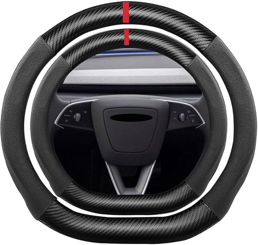 D Shape Suede Carbon Fiber Steering Wheel Cover, Compatible with Tesla Model S Model 3 Model X 15 inch Flat Bottom Soft Suede Touch Leather Sport Non-Slip Automotive Interior Accessories