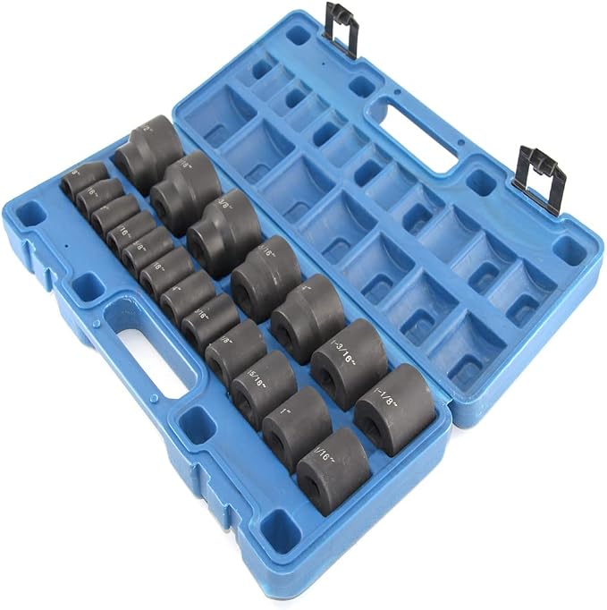 MacWork 19 Piece 1/2-Inch Drive Standard/Shallow Impact Socket Set, SAE, 3/8" to 1-1/2", CR-V&Cr-Mo Alloy Steel, 6-point Hex Radius Corner Design
