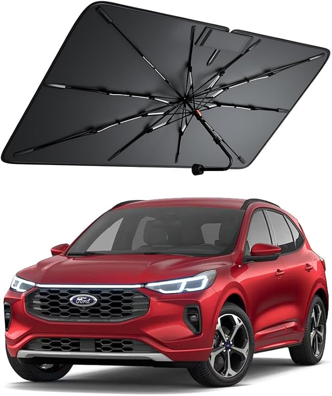 Windshield Sun Shade for Ford Escape/Mustang Mach-E 2001–2026, Foldable Umbrella Sunshade with 100% UV Block, Multi-Layer Heat Insulation, Reinforced 10-Rib Frame, Keeps Car Cooler