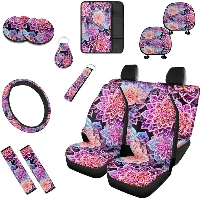 Bohemia Lotus Mandala Purple 13 Pieces Seat Covers Accessories Boho Flower Fractal Art Steering Wheel Cover Seat Cover Full Set Seat Belt Shoulder Pad Car Cover for Truck