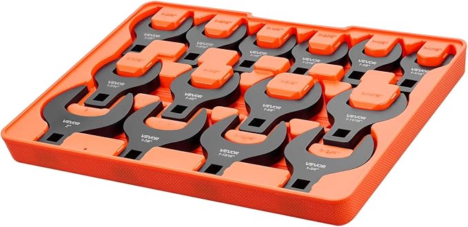 VEVOR Crowfoot Wrench Set, 1/2" Drive, 14-Piece SAE 1-1/16" to 2" Crows Foot Wrenches, with Storage Tray, Dual Size Markings on Tools and Tray, for Auto Maintenance or Repairs