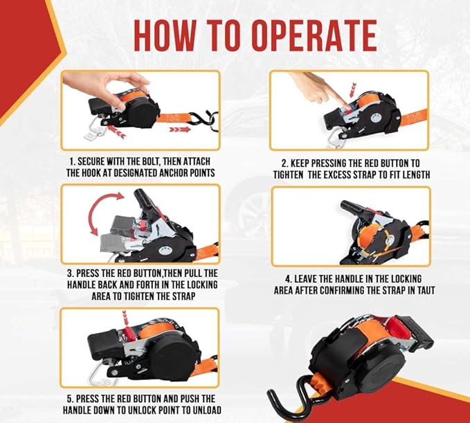 Mytee Products 8 Pack 1''x10' Bolt on Orange Retractable Ratchet Straps for Cargo - Coated S Hook Auto Retract Ratchet Straps - Self Ratcheting Strap for Boat Tie Down to Trailer & Jet Ski, ATVs