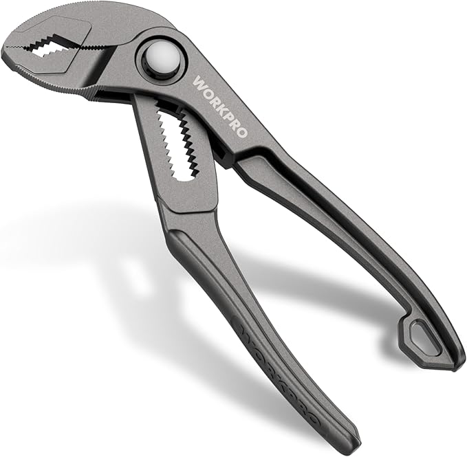 WORKPRO Mini Water Pump Pliers, 4-Inch Groove Joint Pliers, Fast Adjustable Tongue and Groove Plier with 15-Position Push-Lock, V-Jaw for Multi-Surface Grip, EDC Plier for Tight Spaces & Versatile Use