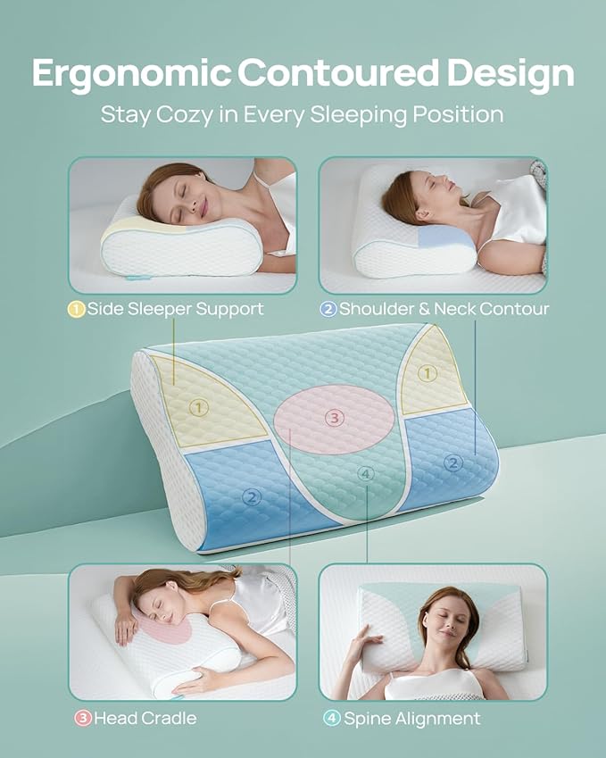 Releep Cervical Neck Pillow, Side Sleeper Pillow for Neck Pain Relief, Adjustable Contour Pillow for Sleeping, Ergonomic Memory Foam Pillow, Orthopedic Cooling Pillow Back Stomach Sleeping, Queen Soft