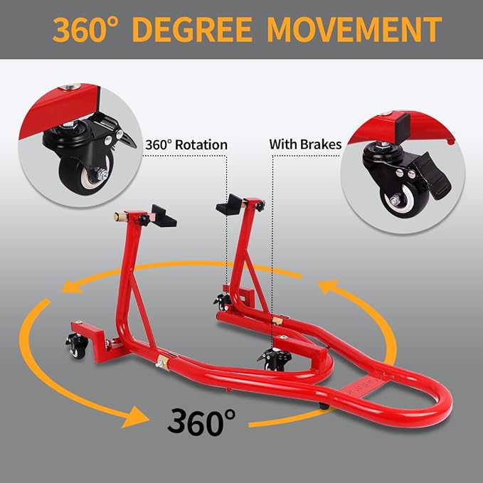 Universal 360°Motorcycle Stand Paddock Rear Lift Combo Bike Wheel Fork Stands Motorcycles Swingarm Spool Stand Adjustable Dismantable Compatible Most for Yamaha Honda Kawasaki Suzuki Red
