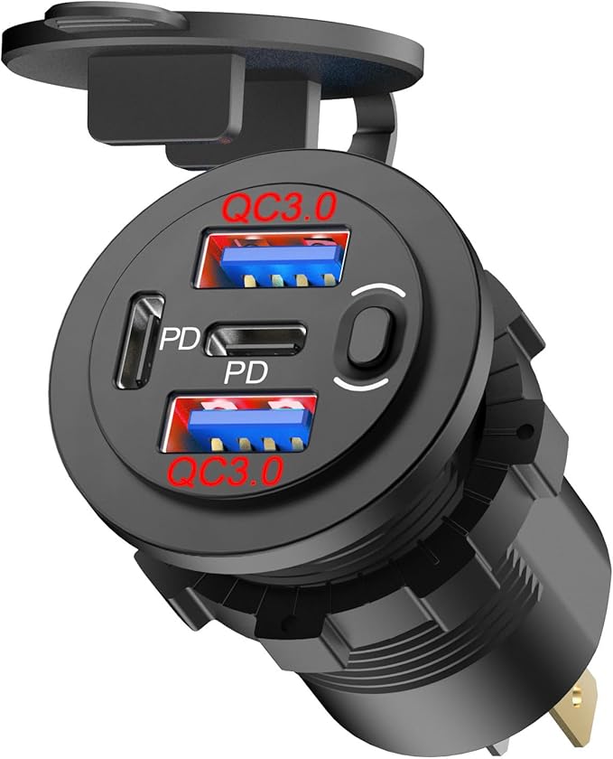 Red 12V USB Outlet Dual PD 30W USB C Port and Dual USB Quick Charge 3.0 Port with Power Switch, 78W Multiport Car Charger Socket Waterproof DIY Accessories for Car Boat Marine Motorcycle RV ATV
