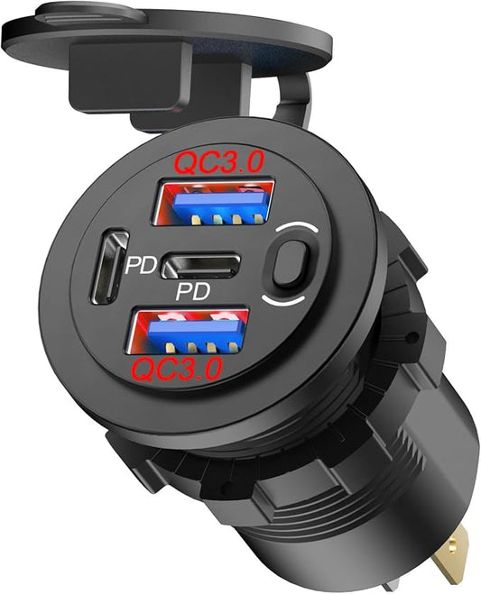 Red 12V USB Outlet Dual PD 30W USB C Port and Dual USB Quick Charge 3.0 Port with Power Switch, 78W Multiport Car Charger Socket Waterproof DIY Accessories for Car Boat Marine Motorcycle RV ATV