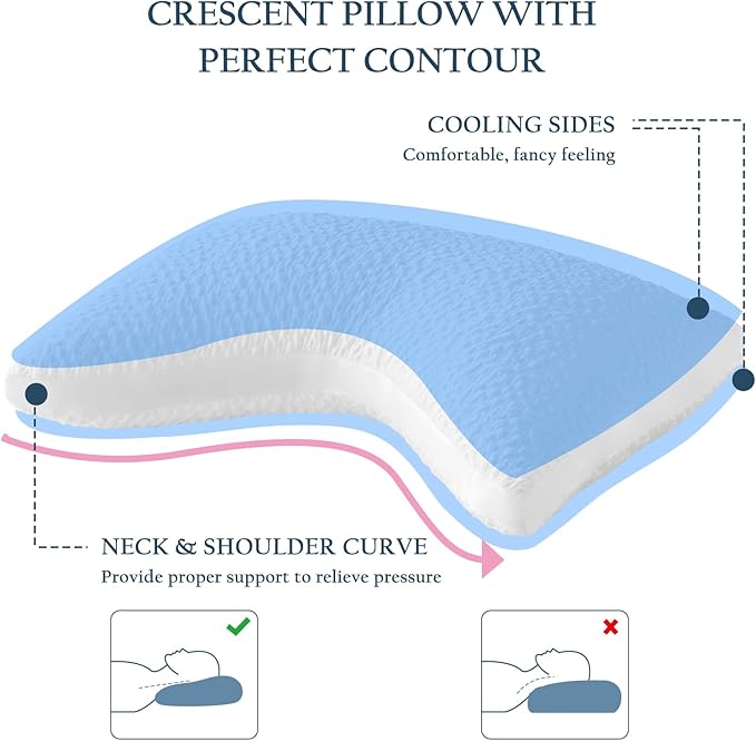 Cooling Contour Pillow for Side and Back Hot Sleepers Curved Memory Foam Pillow for Neck and Shoulder Pain Relief - Adjustable Shredded Memory Foam with Washable Cover, White Standard Size