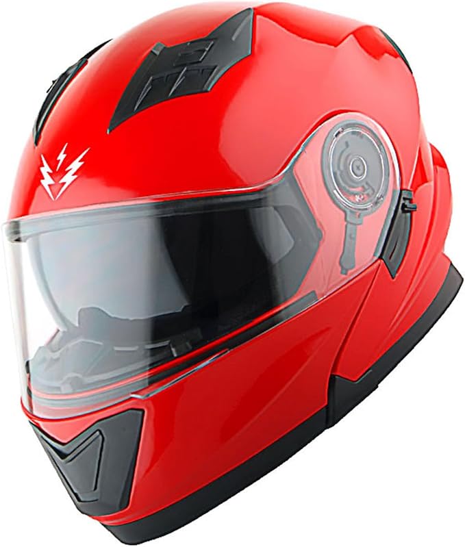 1Storm New Motorcycle Bike Modular Full Face Helmet Dual Visor Sun Shield with Rechargeable LED Tail Light: Glossy Red