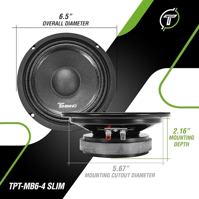 Timpano 6.5 Inch Shallow Car Speaker 600 Watts TPT-MB6-4 Slim Shallow Profile 4 Ohm, PRO Midbass Car Audio Loudspeaker Compact for Doors (Single)