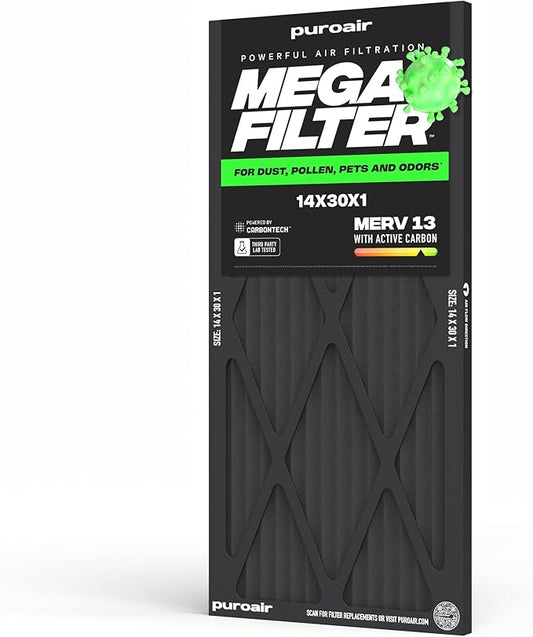 PuroAir MegaFilter - 14x30x1 Air Filter MERV 13 Activated CarbonTech Defense - Heavy Duty 3 Layer Furnace Filters Allergens, Pollen, Dust, Pet Dander, Smoke, Odors - HVAC Air Filter 14x30x1 (1-Pack)