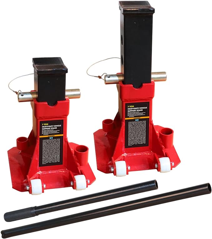 Big RED Torin 7 Ton Heavy Duty Jack Stands: Pin Style Jack Stand with 2 Casters and Handle, Easily Portable Car Stand for SUV, Trucks and Pick Ups - Red