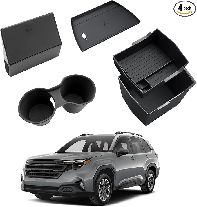 2025 Forester Center Console Organizer - 4 Pcs Set Double-Layer Center Console Organizer+Hidden Organizer Box+Silicone Cup Holder+Charging Mat For 2025 Subaru Forester/Hybrid Accessories(4 Packs)