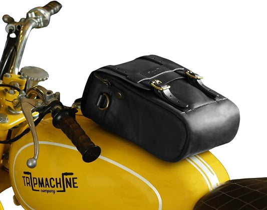 Trip Machine Company Genuine Leather Motorcycle Magnetic Fuel Tank & Tail Pillion Seat Mount Bag with Shoulder Strap and Rain Cover (Black)