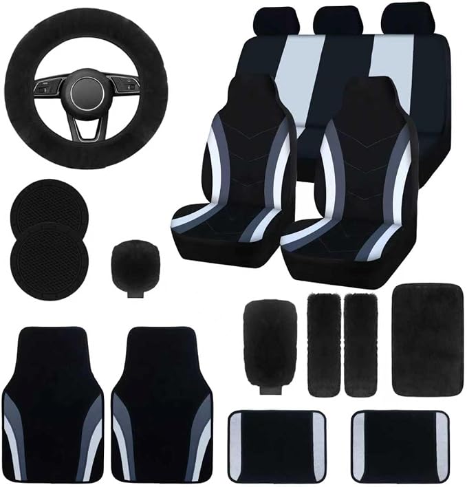 High Back Curved Car Seat Covers,Universal Car Seat Cover Full Set,Plush Steering Wheel Cover,Fit Sedans,Cars,Vans,SUV,Truck(Black)