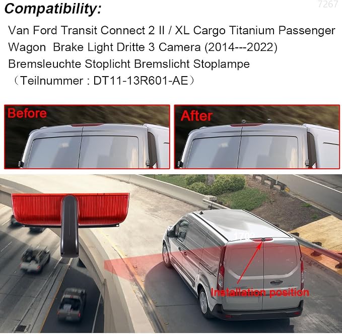 HD Auto Transporter Caravan Van Brake Light Roof Rear View Reversing Backup Dual-Lens Camera with Angle Adjustable Compatible with Ford Transit Connect 2/XL Cargo Titanium Passenger Wagon SUV MPV Bus
