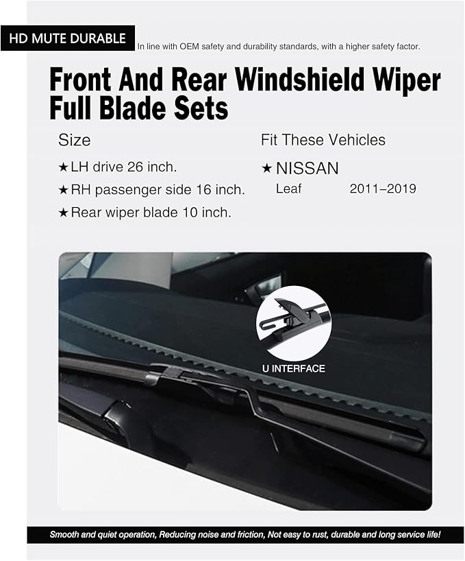 Replacement for Nissan Leaf 2011-2017 Silent Wipers -FAPIUO Front and Rear Windshield Wipers 26"/16"+10" Full Blade Set (3 Pack)