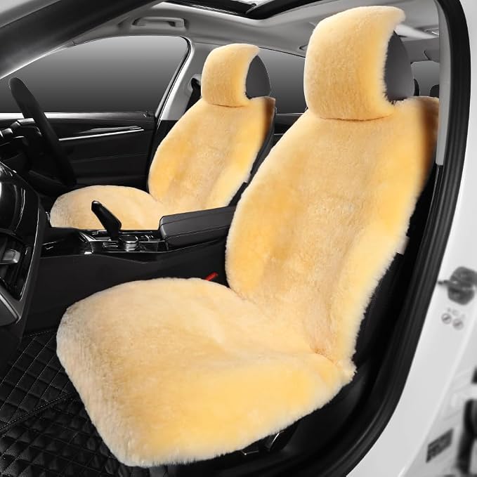 Fluffy Fur Sheepskin Car Seat Cover Automotive Interior Accessories Seat Covers Accessories Seat Cushions， Soft Natural Pure Wool ，Universal Fits Most Cars SUVs (Yellow, Universal Fit, Pack of 2)