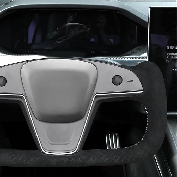 MEWANT DIY Steering Wheel Cover for Tesla Yoke Model S 2021-2023 Model X Made of Black Smooth Woven Embossed Athsuede