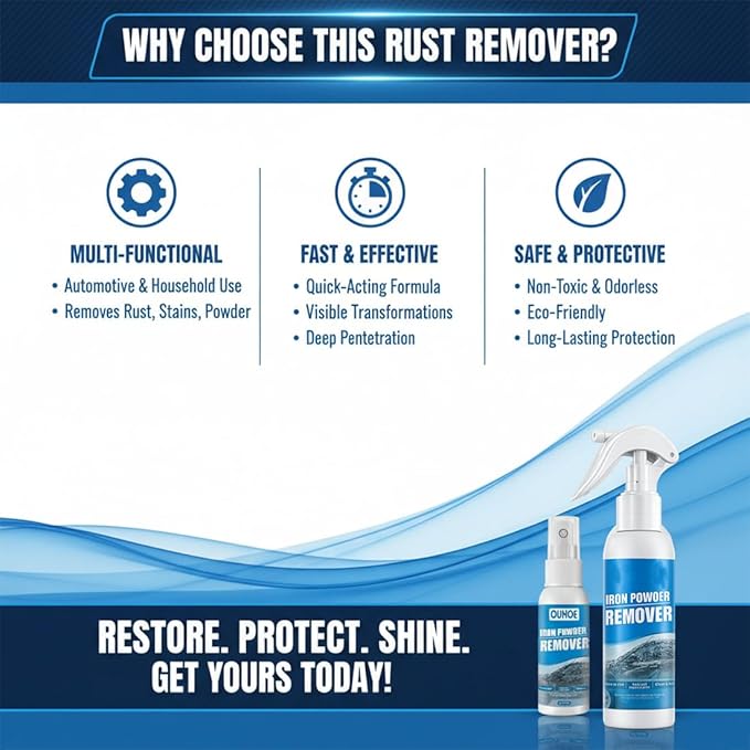 Multi-functional Quick-Acting Rust Removal Spray, 30/100ML Instant Rust Remover for Metal, Car Wheels, Tools & Bikes, Fast-Acting Iron Powder Remover, Restores Shine & Prevents Oxidation (200ml)