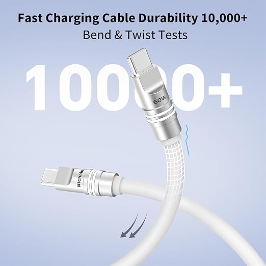 Hichain 65W USB C Charger 60W USB C Cable, 3-Port Wall Charger Block 3-in-1 Retractable Plug Fast Charging fot iPhone 17/16/15, 4 FT White Black