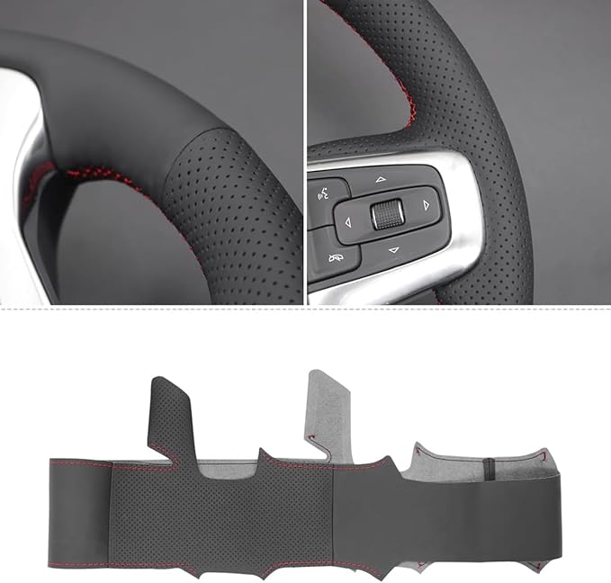 Leather Carbon Fiber Steering Wheel Cover for Chevrolet Blazer Silverado (1500) 2019-2025 / Silverado (2500/3500) 2020-2025/ Suburban Tahoe 2021-2024 Custom Stitched Interior Accessories