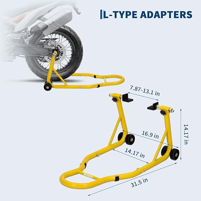 Garvee Motorcycle Stands Front and Rear, 900 LB Heavy Duty Front & Rear Wheel Lift Combo with Prong Adapters+L Adjustable Swingarm Spool, Universal Paddock Stands for Most Motorcycles, Yellow
