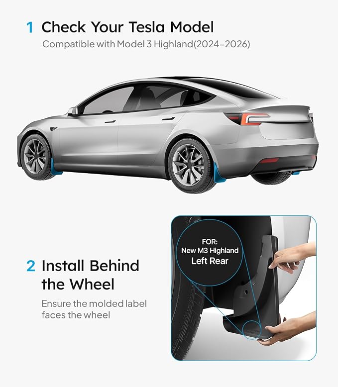 Wigoo 2026 New Tesla Model 3 Accessories Mud Flaps [Stay Clean, Protect Paint] All Weather Splash Guards with Install Kit, for Model 3 2024 2025 2026 Highland, Upgraded Version, Black (Set of 4)