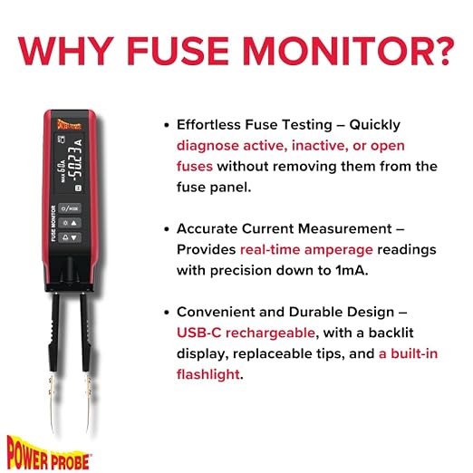 Power Probe PPFUSE Fuse Monitor - Circuit Tester for Mini, Maxi & ATC Fuses – Live Current Readings Up to 80A – Replaceable Tips, and Built-in Flashlight