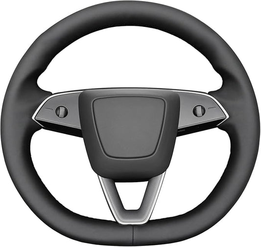 MEWANT Steering Wheel Cover for 2024 Tesla Model 3 Highland Hand Stitch Steering Wrap Made of Black Smooth Faux Leather