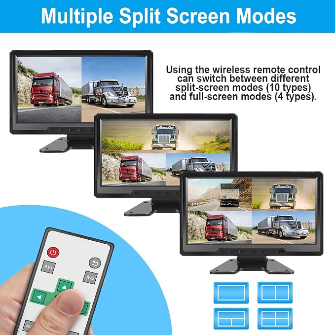 VSYSTO 4CH Truck Dash Camera, 10.1'' Monitor 1/2/3/4 Split Screen 720P Backup Camera System with Front & Sides & Rear Cameras Infrared Night Vision Lens for Semi Trailer Van Tractor RV (X10)