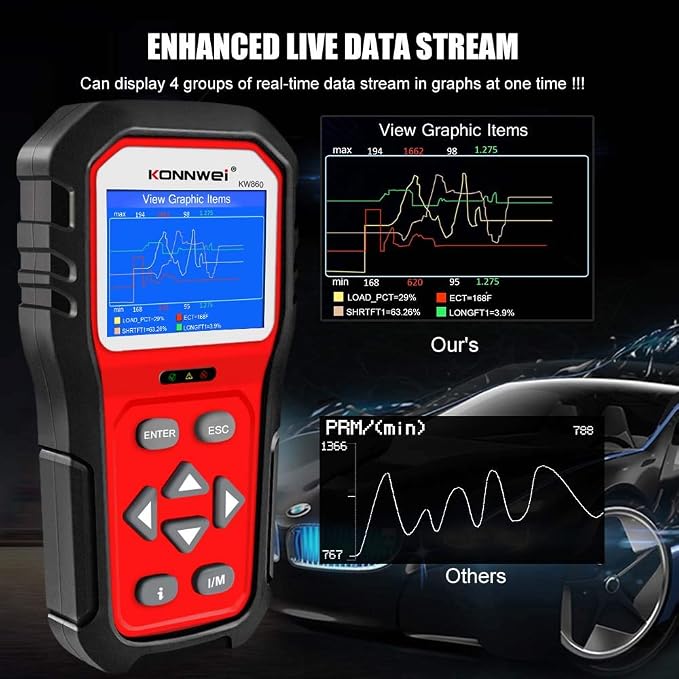 KONNWEI KW860 OBD2 Scanner Car Code Reader Diagnostic Scan Tool with Enhanced Live Data Stream and Upgraded Graphing Battery Status Check Function