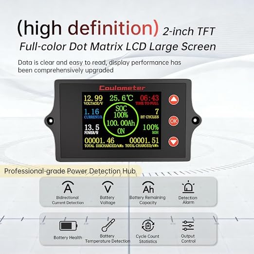 RQG New 300A Battery Monitor with Shunt,8-100V 2 Inch Color Screen Shunt Monitor,High Precision TFT Color Screen Coulometer for Car RV Golf Cart Solar Panel,Multi Functional,Easy to Read and Use