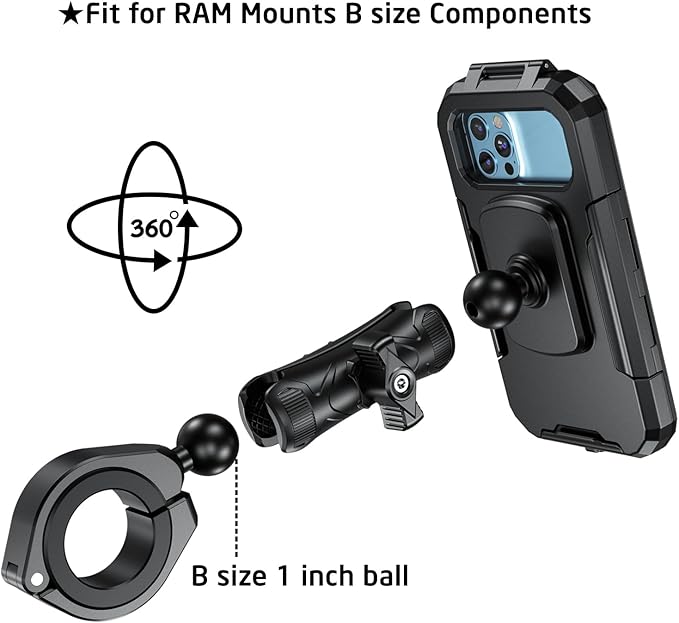 iMESTOU Waterproof ATV Phone Mount with Anti-Theft Design and 360° Rotation 1“ Ball Base Fits for ATV UTV 1.5''/1.75''/1.85''/2''/2.1'' Handlebars, Suitble for 3.5"-6.1" Smartphones (Size S)
