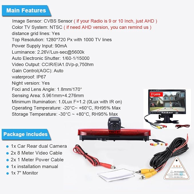 3rd Brake Light Reverse Camera with Two Lens+7" LCD Monitor, Dual Cameras Backup Camera Replacement for Van Ford Transit Connect 2 II/XL Cargo Titanium Passenger 2014-2022